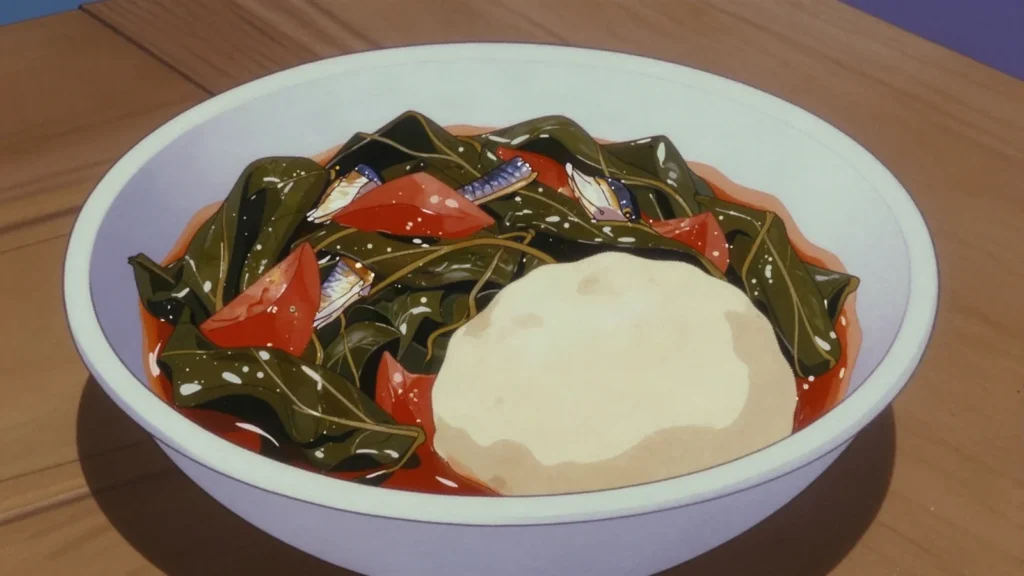 Gboma dessi, african nightshade leaves stewed in palm oil with tomatoes and fish, Togo soup & stew, anime style