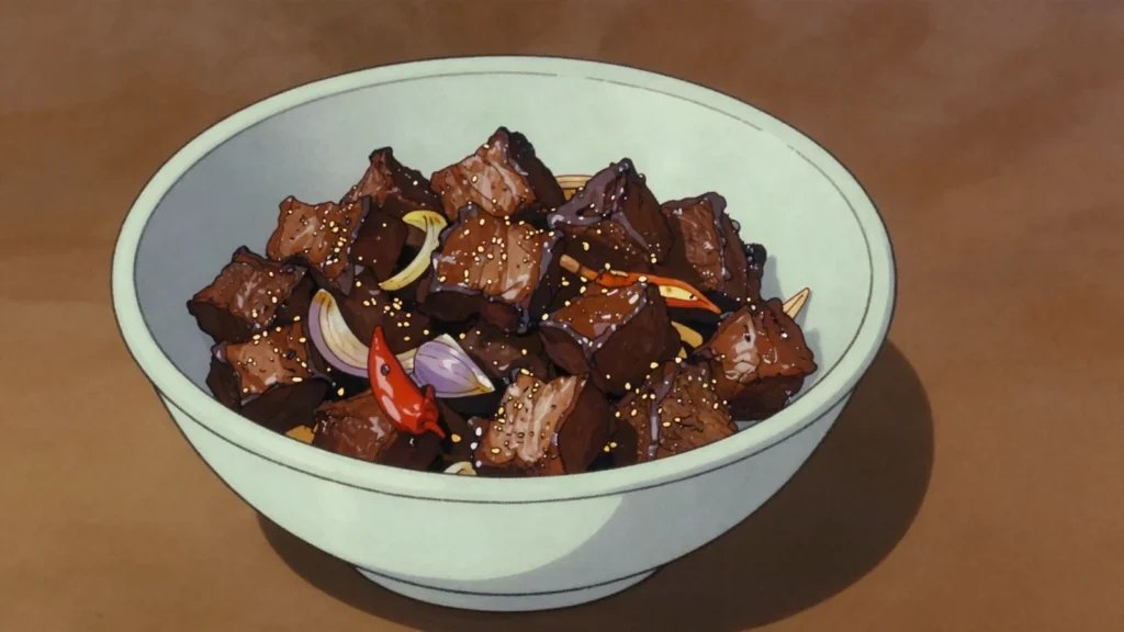 Geera pork, pork cubes cooked dry with roasted cumin and hot pepper, eaten with, Trinidad and Tobago snack, anime style