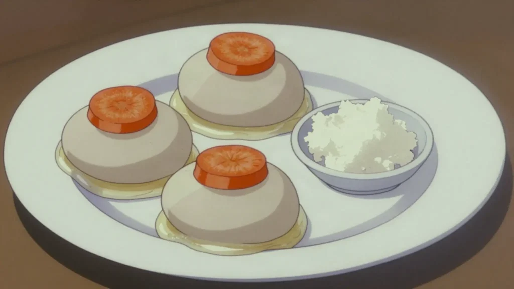 Gefilte fish, poached patties of minced carp or pike, served cold with horseradish, Israel main, anime style