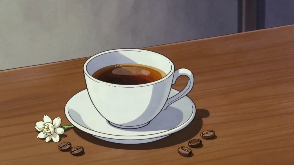Geisha coffee, delicate jasmine and bergamot coffee grown on Boquete's volcanic slopes, Panama drink, anime style