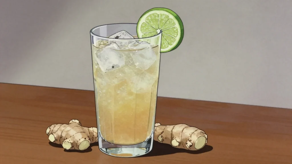Gemberbier, home-brewed fermented ginger drink, drunk cold at Christmas, Suriname drink, anime style