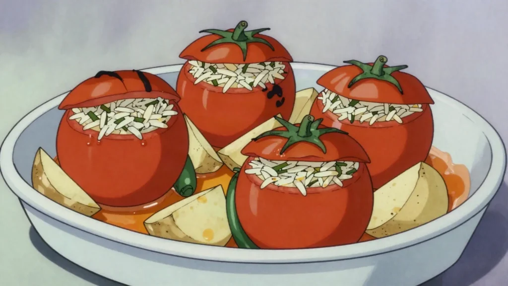 Gemista, tomatoes and peppers baked stuffed with herbed rice, Greece main, anime style