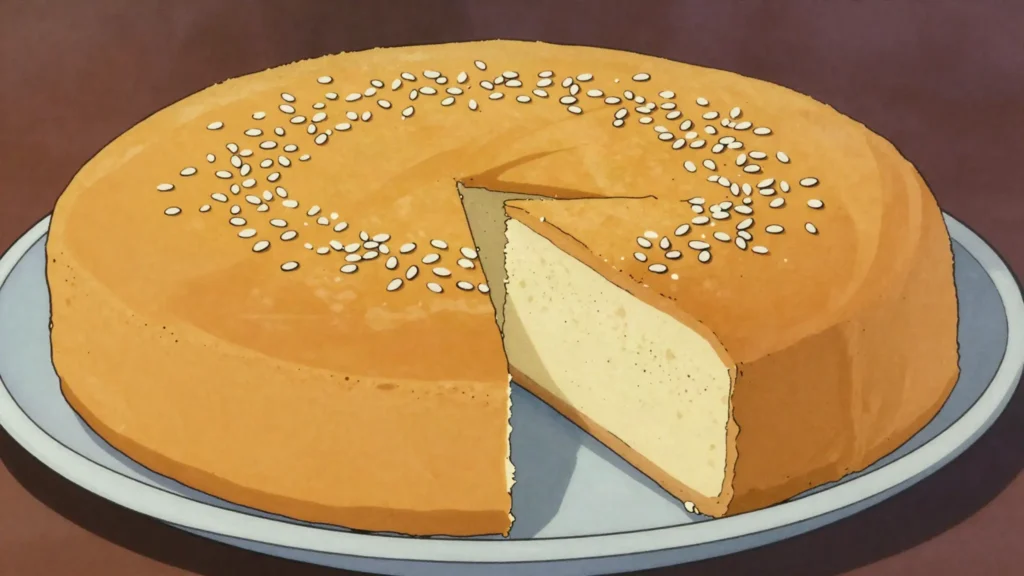 Gers ogaily, saffron-cardamom sponge cake sprinkled with sesame, Kuwait dessert, anime style