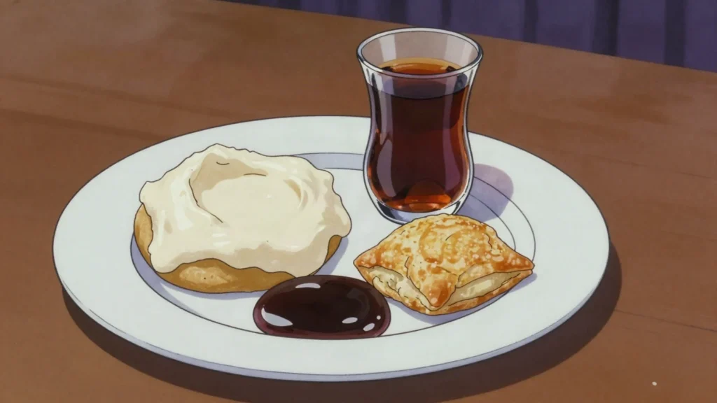 Geymar, thick buffalo-milk clotted cream eaten with honey and bread, Iraq cheese & dairy, anime style