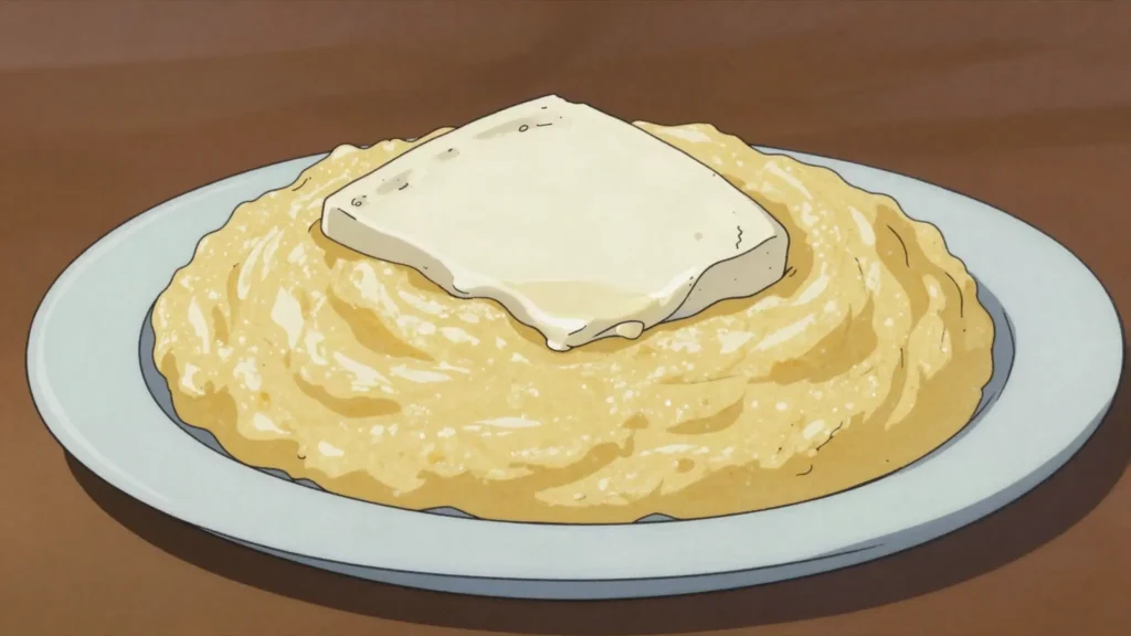 Ghomi, thick unsalted cornmeal porridge eaten hot with cheese instead of bread, Georgia salad & side, anime style