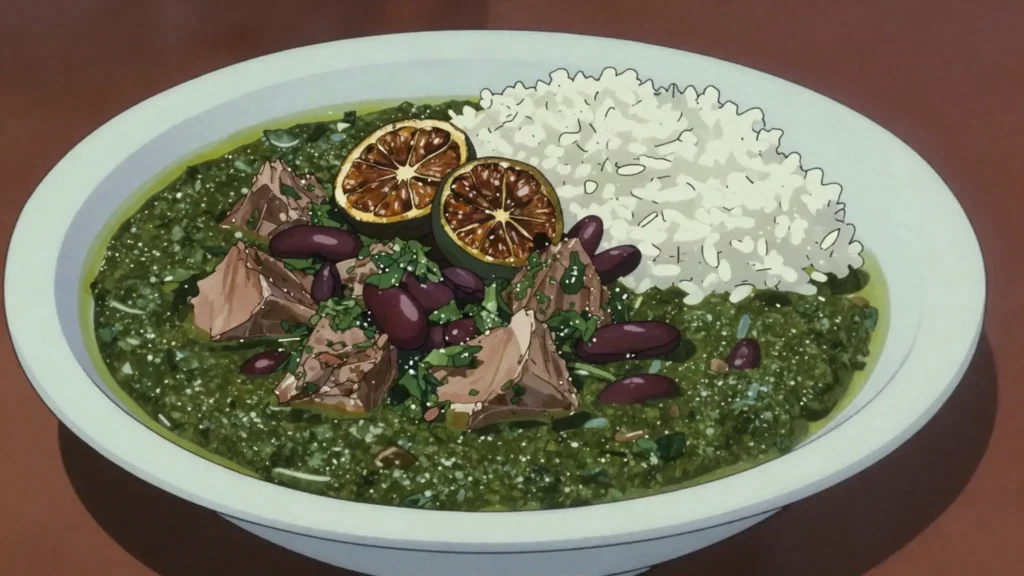Ghormeh sabzi, deep-green herb stew with lamb, kidney beans and dried limes, Iran soup & stew, anime style