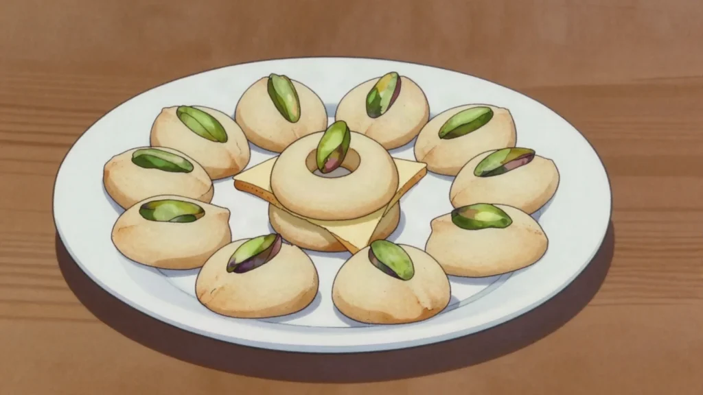 Ghraybeh, pale melting shortbread of ghee and sugar, often marked with a pistachio, Syria dessert, anime style