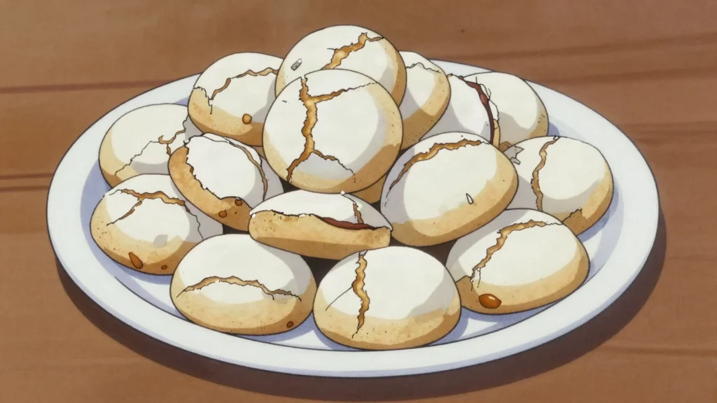 Ghriba, crackle-topped cookie of almond, coconut or semolina, piled up for feast days, Morocco dessert, anime style