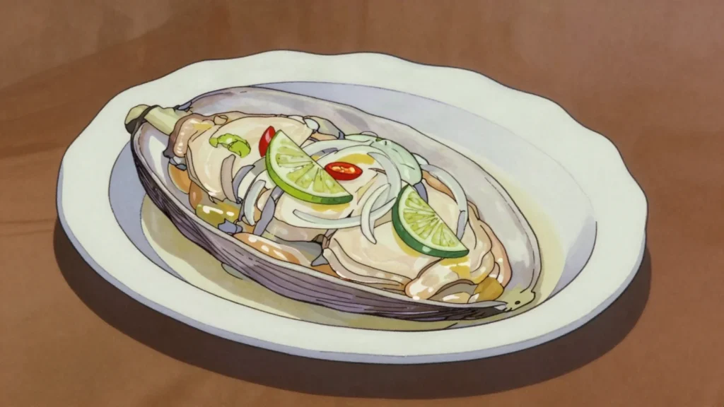 Giant Clam, sweet clam muscle eaten raw with lime or grilled in the shell, Marshall Islands main, anime style