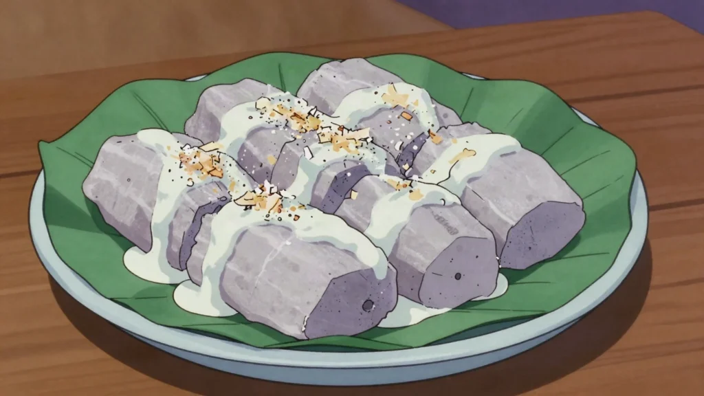 Giant Swamp Taro, huge starchy corms grown in dug pits; boiled and served in slabs, Micronesia salad & side, anime style