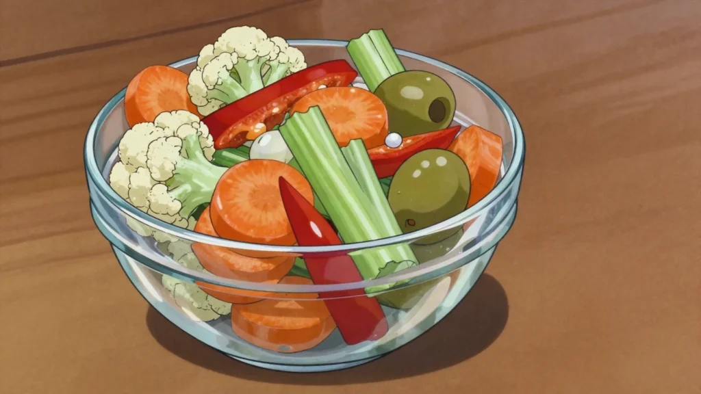 Giardiniera, vinegar-pickled vegetables served as antipasto or with boiled meats, Italy fermented & pickled, anime style