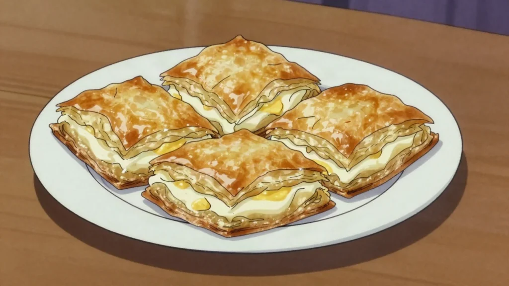 Gibanica, crumpled phyllo pie with white cheese and eggs, Serbia bread & pastry, anime style