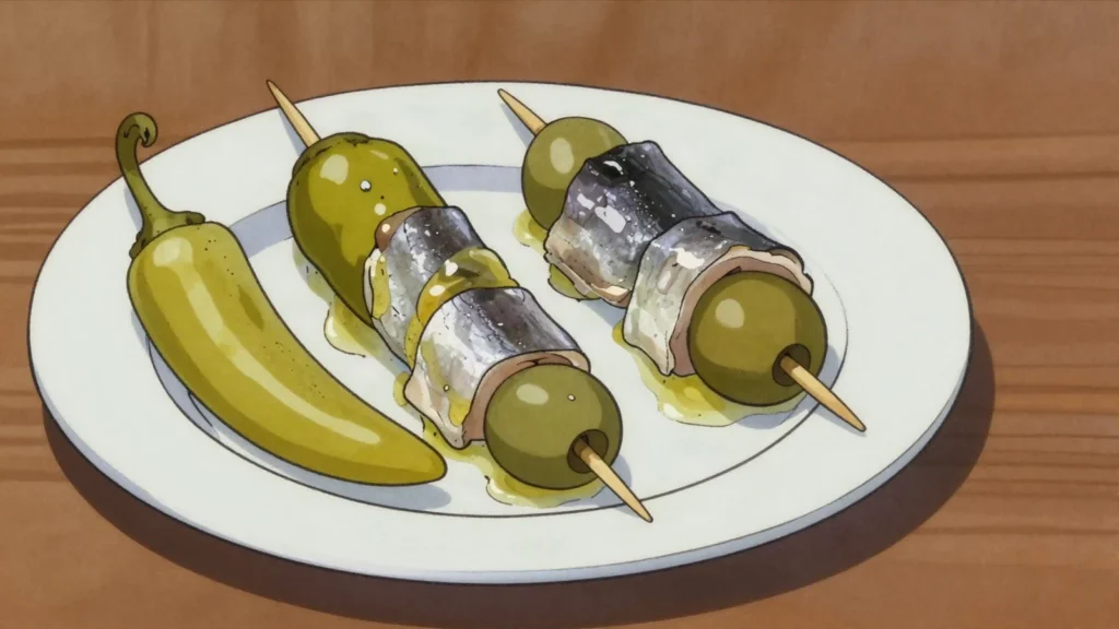 Gilda, skewer of green guindilla pepper, anchovy and olive, eaten in one bite, Spain snack, anime style