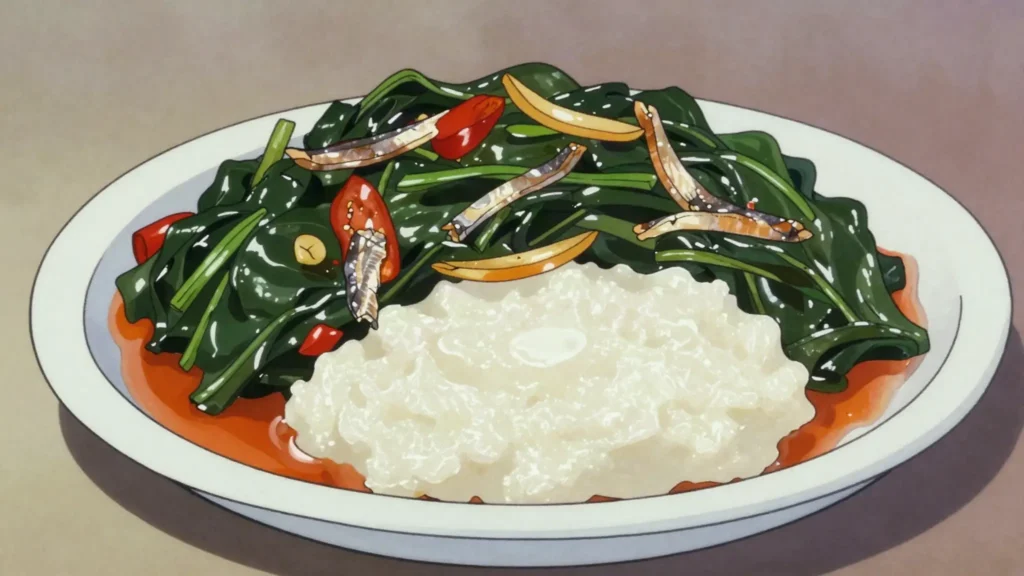 Gimboa, tender leafy green stewed with onion, palm oil and dried fish, Angola salad & side, anime style