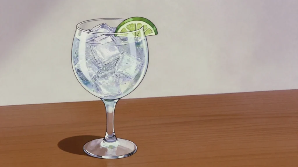 Gin and tonic, gin over ice with tonic water and a lime or lemon wedge, United Kingdom cocktail, anime style