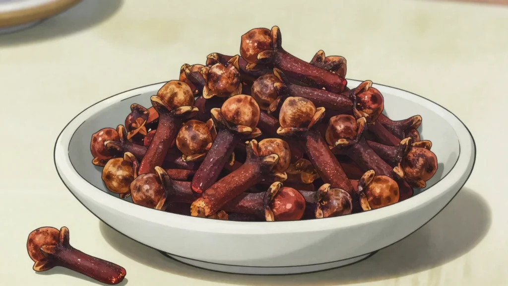 Girofle des Comores, dried clove buds used whole in pilaou and spiced dishes, Comoros sauce & condiment, anime style