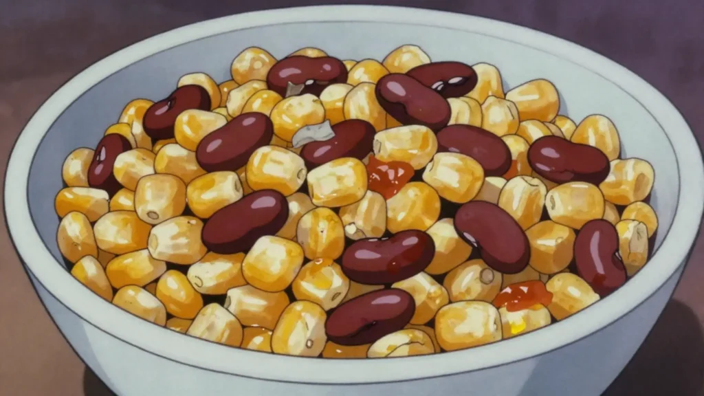 Githeri, boiled maize and beans, often fried with vegetables; Kikuyu staple, Kenya main, anime style