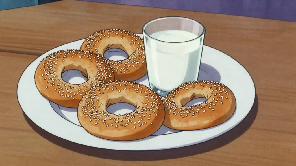 Gjevrek, sesame-crusted bread ring sold hot from morning street carts, North Macedonia street food, anime style