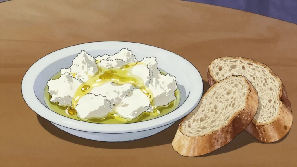Gjizë, fresh whey curd eaten with bread and honey or baked into pies, Albania cheese & dairy, anime style