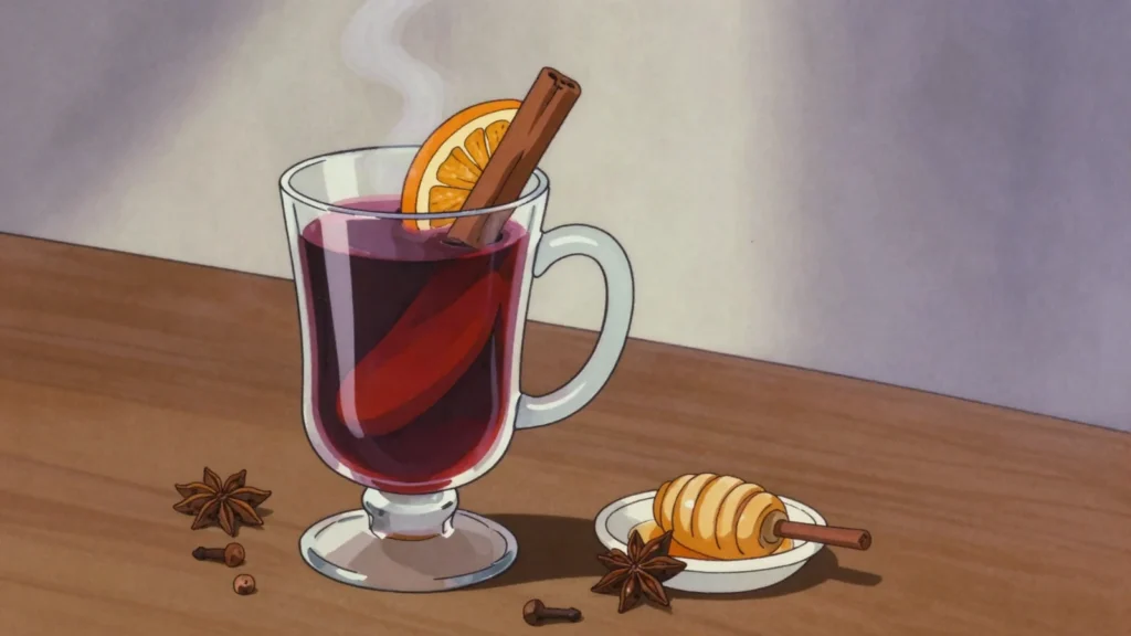 Glintvein, red wine heated with honey, cloves, cinnamon and orange, Russia cocktail, anime style