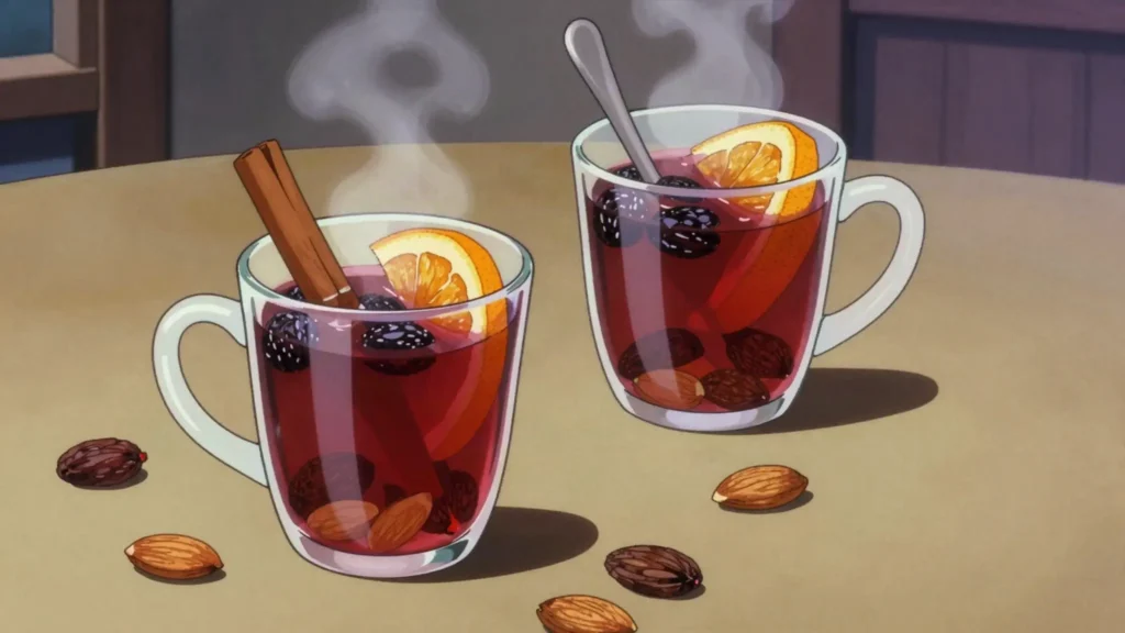 Gløgg, hot spiced wine with raisins and almonds, poured all December, Norway cocktail, anime style