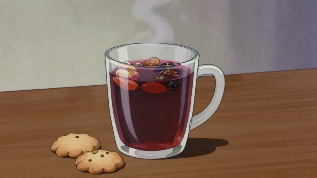 Glögg, mulled wine with almonds and raisins through Advent, Sweden wine & spirit, anime style