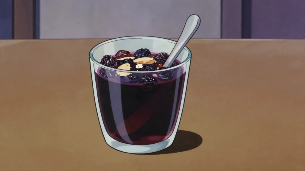 Glögi, hot spiced wine or blackcurrant drink with raisins and almonds, Finland cocktail, anime style