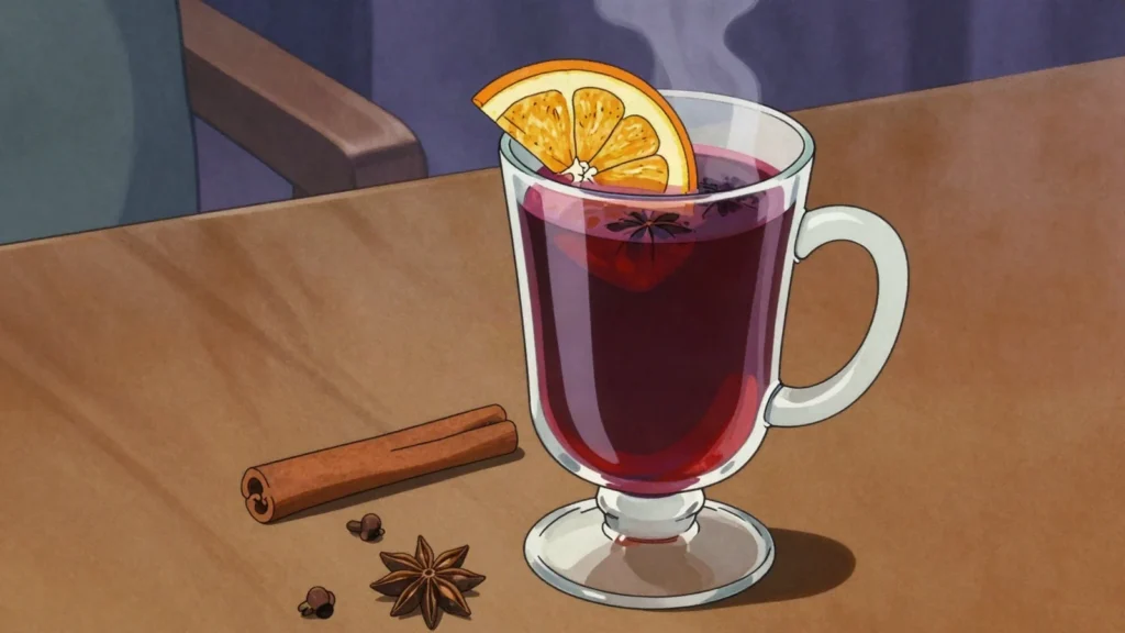 Glühwein, hot spiced red wine warming Christmas markets, Germany wine & spirit, anime style