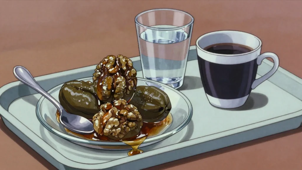 Glyko tou koutaliou, whole fruits preserved in syrup, served by the spoon to guests, Cyprus dessert, anime style