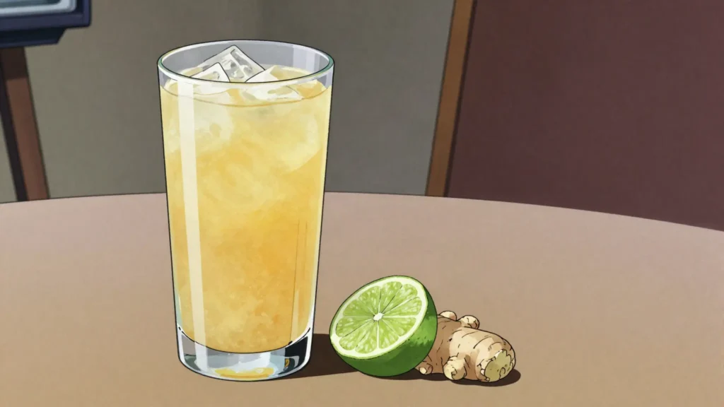 Gnamakoudji, sinus-clearing fresh ginger juice with lemon and pineapple, Guinea drink, anime style