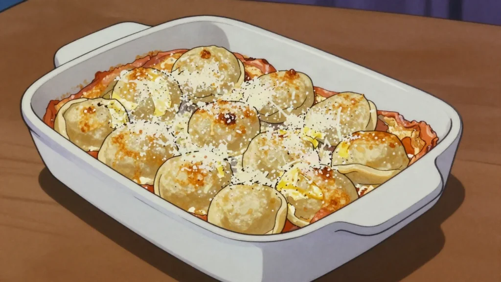 Gnocchi alla romana, baked semolina rounds with butter and Parmesan, Vatican City main, anime style
