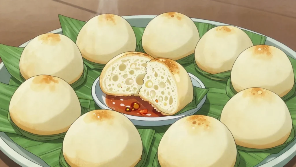 Gnomi, spongy steamed cakes of lightly soured maize batter, sold with pepper, Côte d'Ivoire bread & pastry, anime style