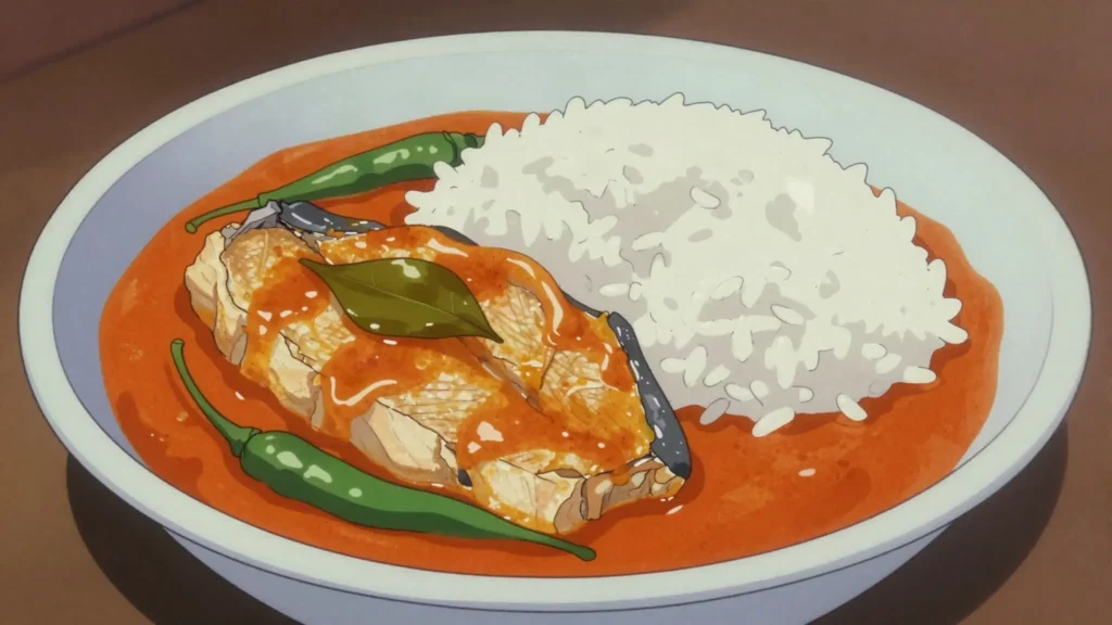 Goan Fish Curry, coconut, kokum and red-chili fish curry eaten with rice, India main, anime style
