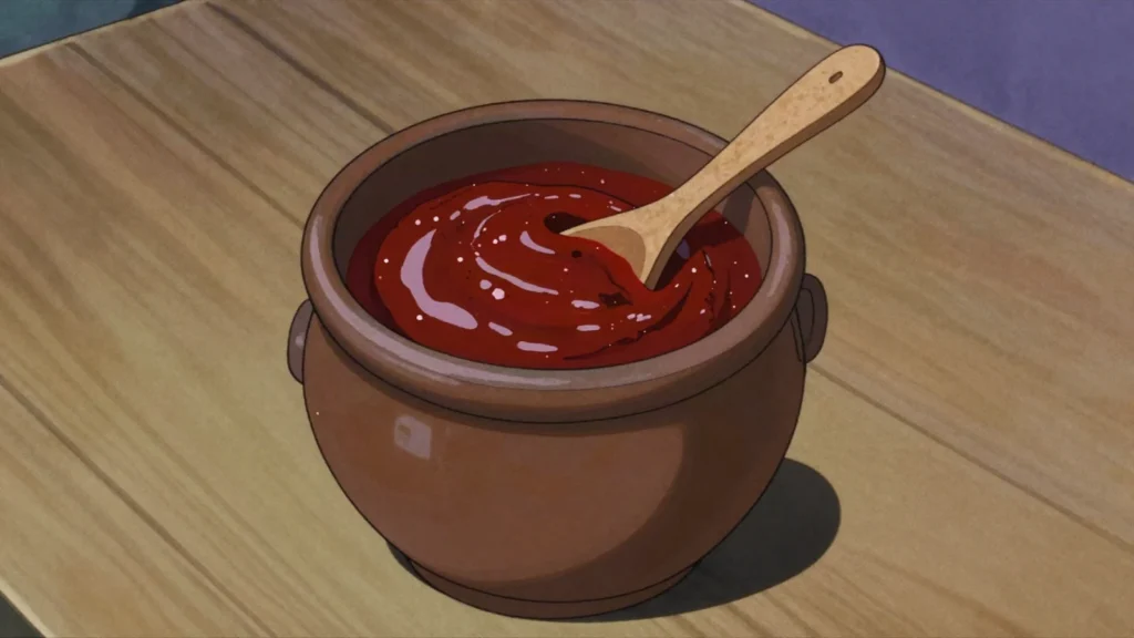 Gochujang, sweet-hot fermented paste of chili, glutinous rice and soybean, South Korea sauce & condiment, anime style