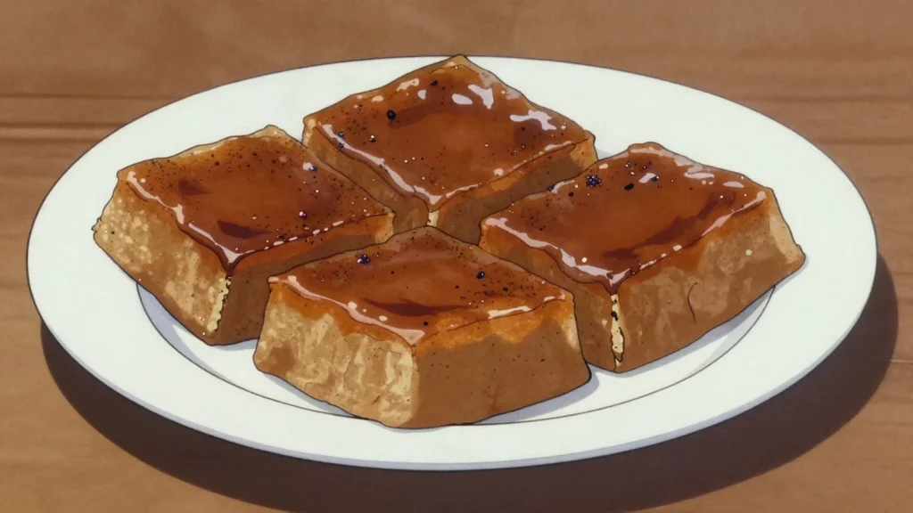 Godrogodro, dense cassava and coconut-milk slab sweetened with caramelised sugar, Madagascar dessert, anime style