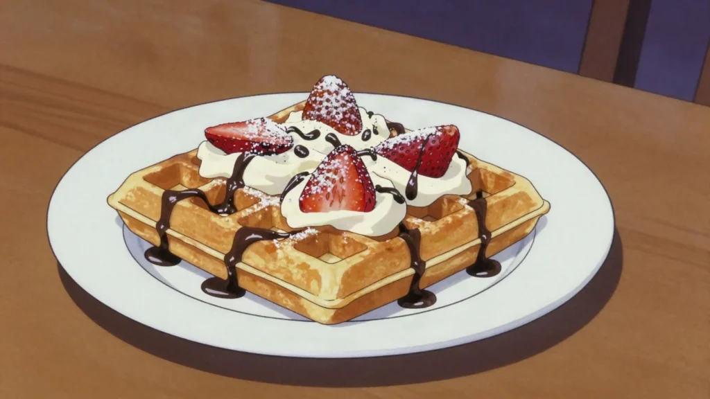 Gofry, thick waffles heaped with cream and fruit at seaside stalls, Poland street food, anime style