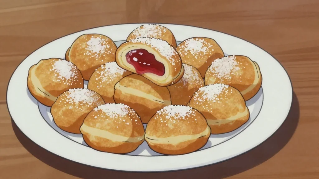 Gogosi, puffy fried dough rounds, sugared or filled with jam, sold hot, Romania street food, anime style