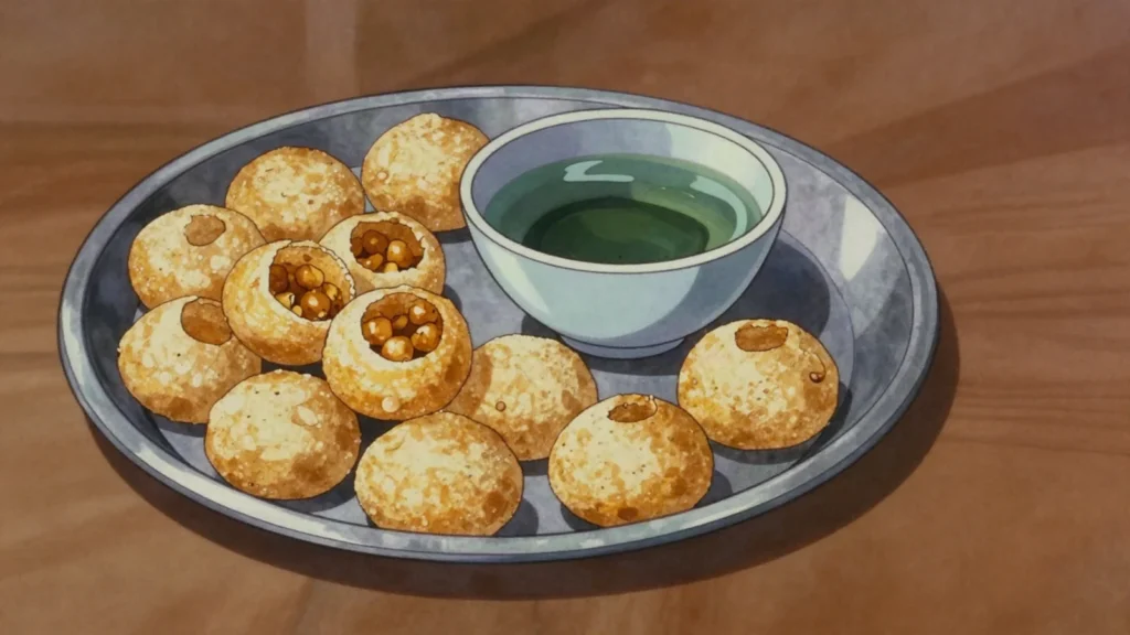 Gol Gappay, crisp hollow shells filled with spiced potato and sour tamarind water, Pakistan street food, anime style