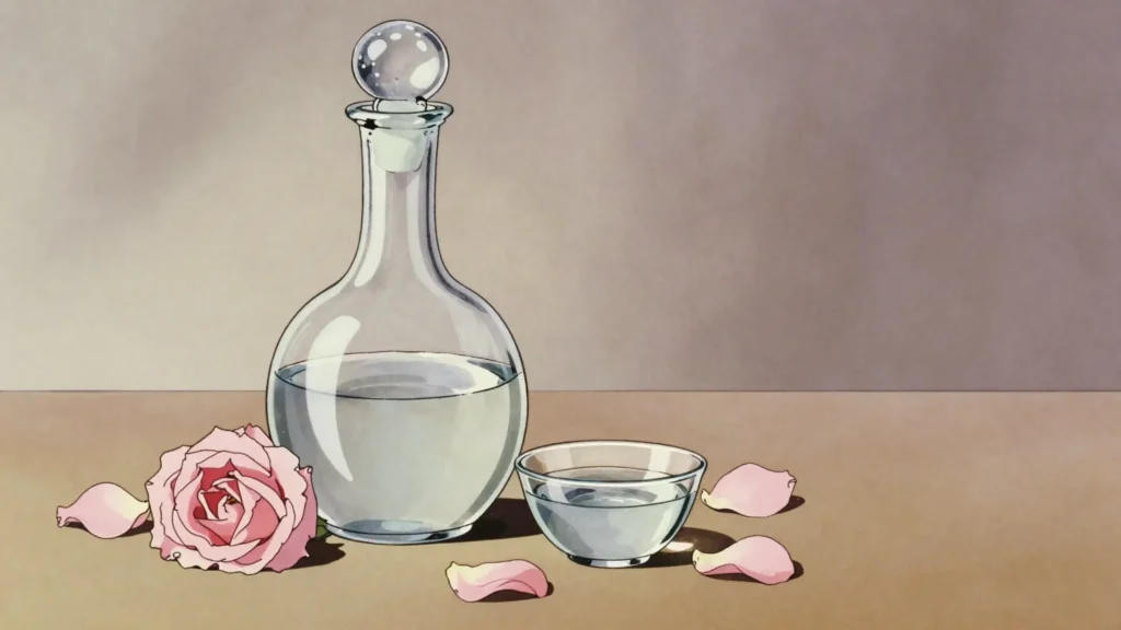 Golab, rosewater distilled from Damask roses, splashed into sweets and tea, Iran sauce & condiment, anime style