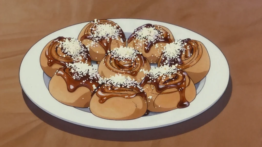Golfeado, sticky papelón-cinnamon bun topped with salty cheese, Venezuela bread & pastry, anime style