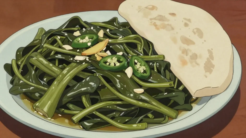 Gomen, collard greens simmered with garlic, ginger and spiced oil, Ethiopia salad & side, anime style
