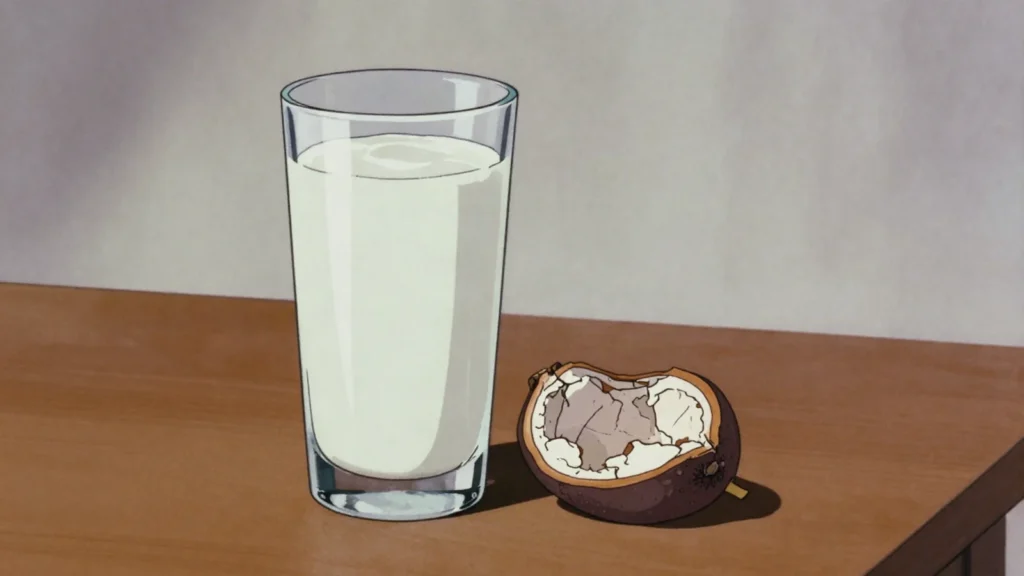 Gongolez, baobab fruit pulp soaked in water and sweetened into a chalky white drink, South Sudan drink, anime style