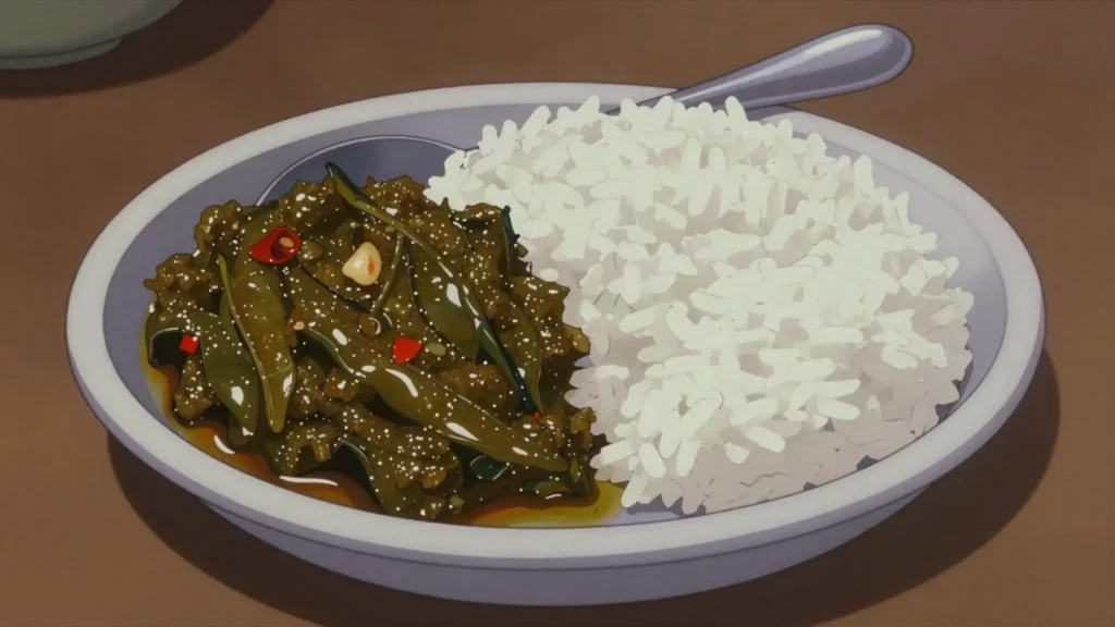 Gongura Pachadi, sour roselle leaves cooked down with chillies and garlic into a, India sauce & condiment, anime style