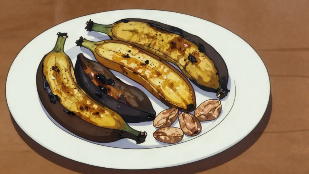 Gonja, sweet plantains roasted whole over charcoal at roadside stalls, Uganda street food, anime style