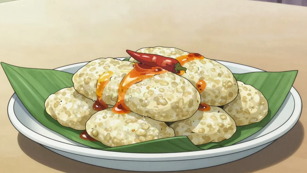 Gonré, steamed cowpea cakes in leaves, eaten with oil and chili, Burkina Faso snack, anime style
