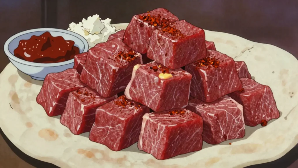Gored gored, raw beef cubes tossed with awaze chili and spiced butter, Ethiopia main, anime style
