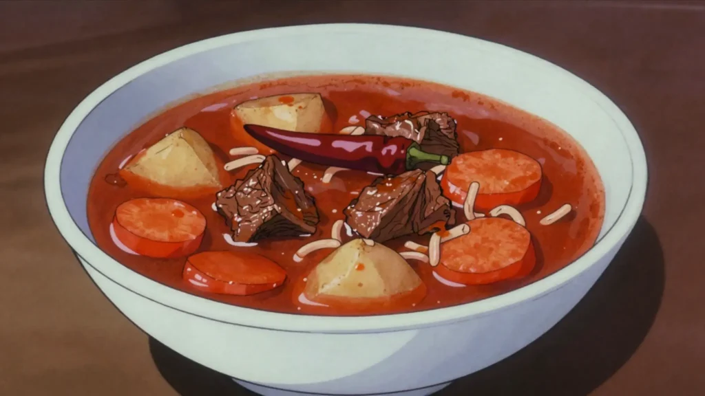 Goulash, paprika beef soup with potatoes and pinched csipetke noodles, Hungary soup & stew, anime style