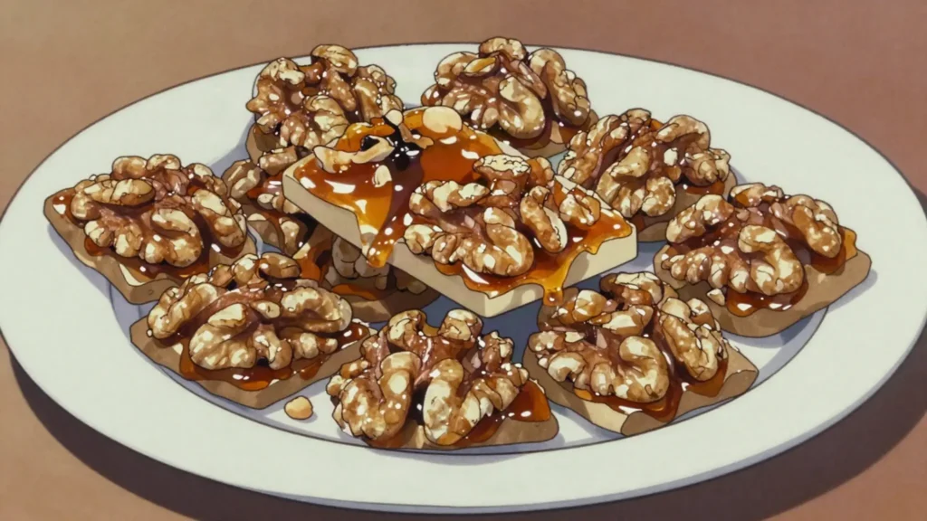 Gozinaki, honey-caramelized walnut brittle, essential at New Year, Georgia dessert, anime style