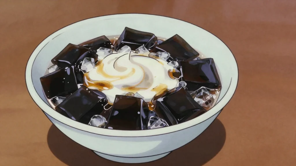 Grass Jelly, herb jelly served iced with syrup or hot as a thick sweet soup, Taiwan dessert, anime style