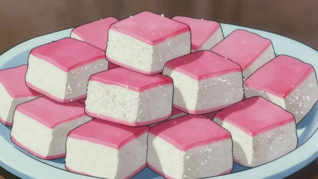Grater cake, grated coconut boiled with sugar and set in squares, topped pink, Jamaica dessert, anime style